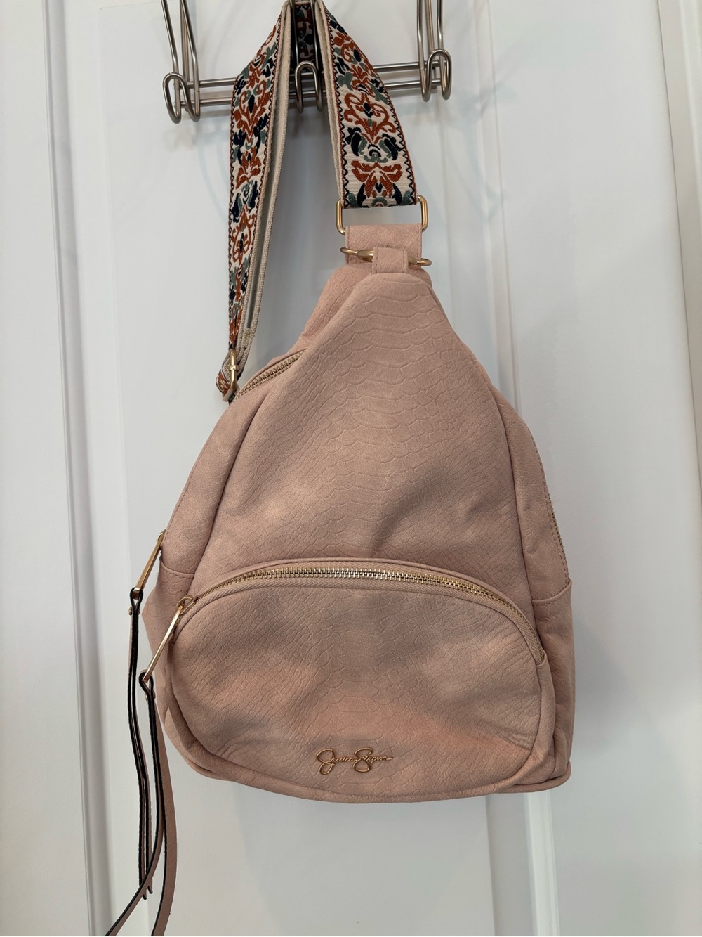 Jessica Simpson Pink Crossbody Sling Bag with Patterned Strap